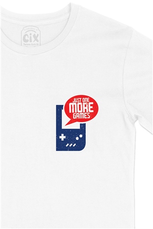 Mavi Just One More Game Cep Logo Tasarımlı Beyaz Tişört