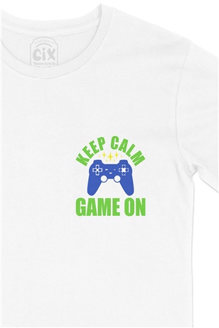 Mavi Keep Calm Game On Cep Logo Tasarımlı Beyaz Tişört