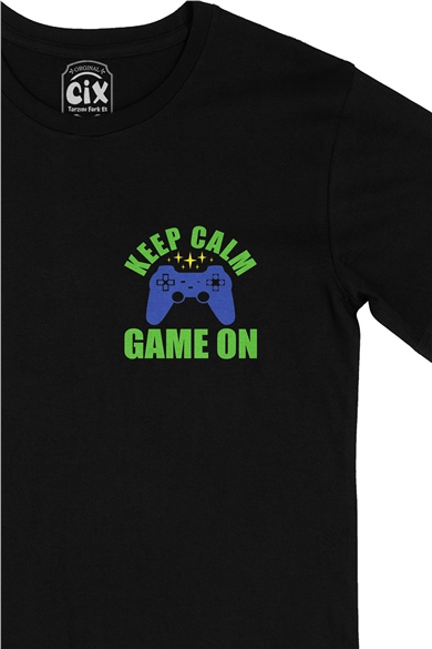 Mavi Keep Calm Game On Cep Logo Tasarımlı Siyah Tişört