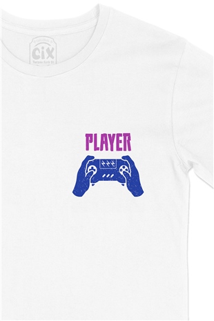 Mavi Player Cep Logo Tasarımlı Beyaz Tişört