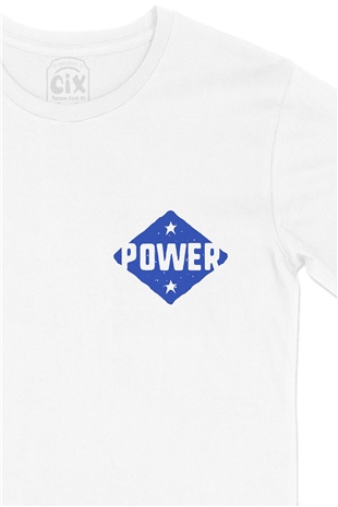 Mavi Power Cep Logo Tasarımlı Beyaz Tişört
