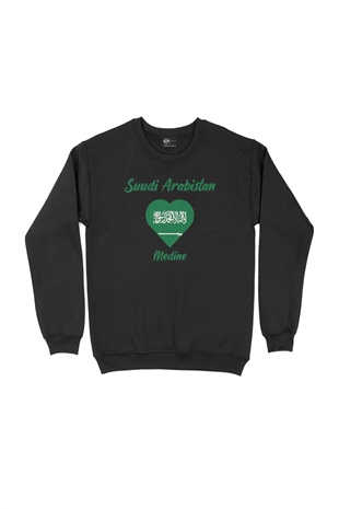 Medine Suudi Arabistan Bayraklı Kalpli Siyah Sweatshirt