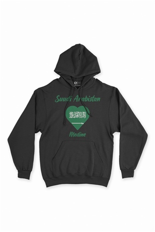Medine Suudi Arabistan Bayraklı Kalpli Siyah Sweatshirt Hoodie