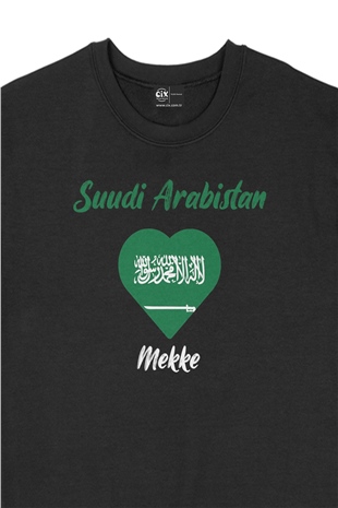 Mekke Suudi Arabistan Bayraklı Kalpli Siyah Sweatshirt
