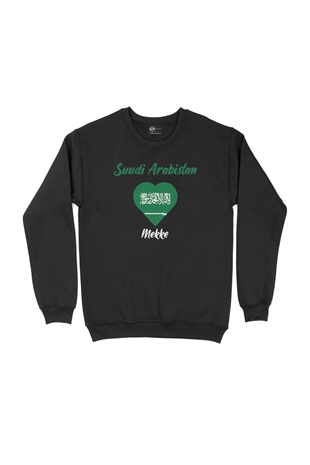 Mekke Suudi Arabistan Bayraklı Kalpli Siyah Sweatshirt