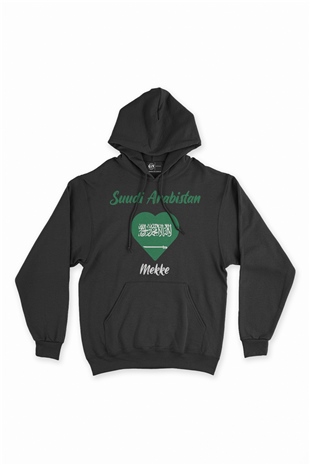 Mekke Suudi Arabistan Bayraklı Kalpli Siyah Sweatshirt Hoodie