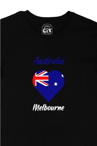 Melbourne Avusturalya Bayraklı Kalpli Siyah Tişört