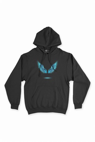 Melek Kanatlı Siyah Kapşonlu Sweatshirt Hoodie
