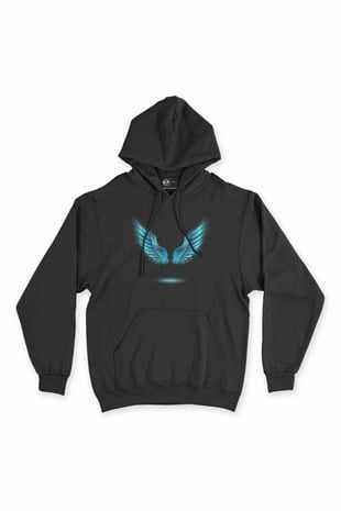 Melek Kanatlı Siyah Kapşonlu Sweatshirt Hoodie