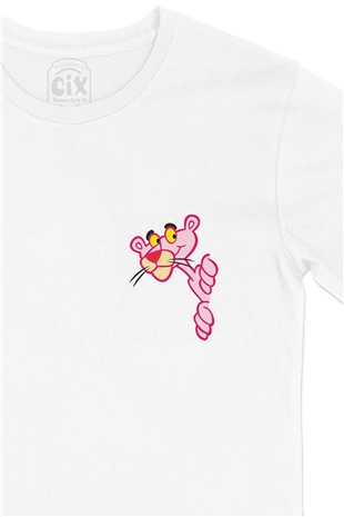 Meraklı Pembe Panter Cep Logo Tasarımlı Beyaz Tişört