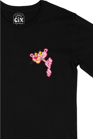 Meraklı Pembe Panter Cep Logo Tasarımlı Siyah Tişört