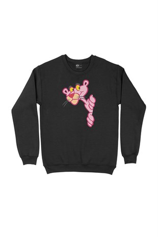 Meraklı Pembe Panter Siyah Sweatshirt