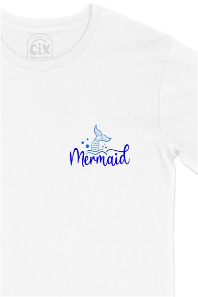 Mermaid Cep Tasarım Baskılı Beyaz Tişört
