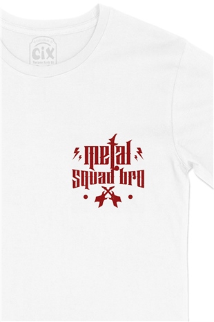 Metal Squad Bro Cep Logo Tasarımlı Beyaz Tişört