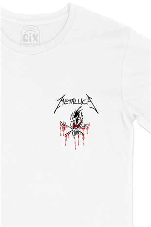 Metallica Kırmızı Logolu Cep Logo Tasarımlı Beyaz Tişört