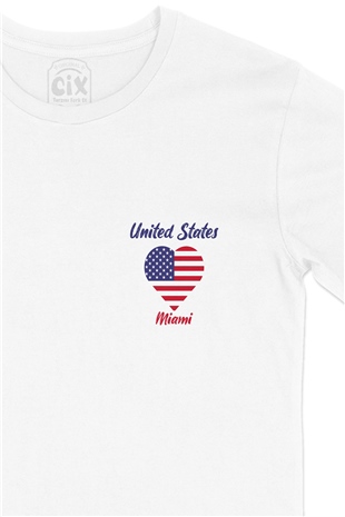 Miami Amerika Bayraklı Kalpli Cep Logo Tasarımlı Beyaz Tişört
