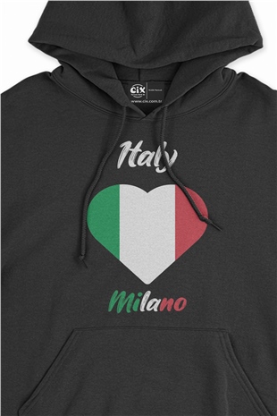 Milano İtalya Bayraklı Kalpli Siyah Sweatshirt Hoodie