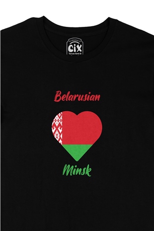 Minsk Belarus Bayraklı Kalpli Siyah Tişört