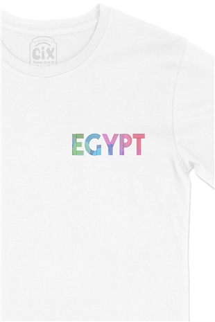 Mısır Renkli Egypt Cep Logo Tasarımlı Beyaz Tişört