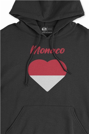 Monako Bayraklı Kalpli Siyah Sweatshirt Hoodie