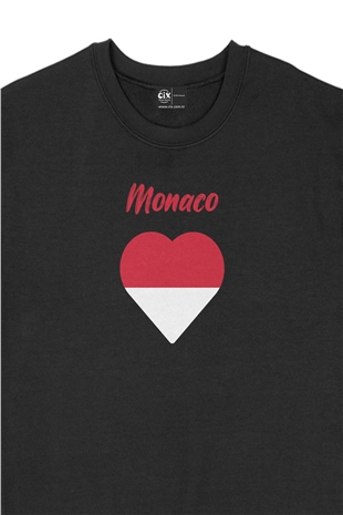 Monako Bayraklı Kalpli Siyah Sweatshirt