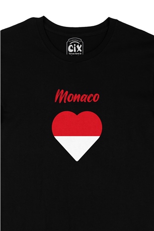 Monako Bayraklı Kalpli Siyah Tişört