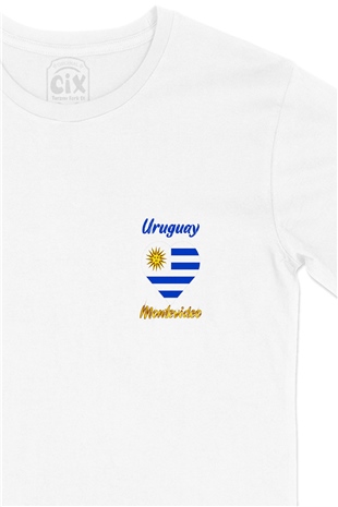Montevideo Uruguay Bayraklı Kalpli Cep Logo Tasarımlı Beyaz Tişört
