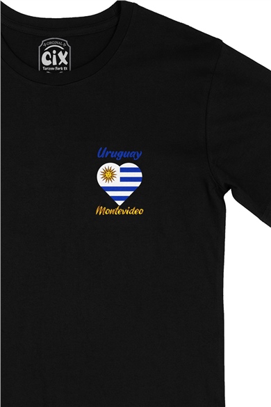 Montevideo Uruguay Bayraklı Kalpli Cep Logo Tasarımlı Siyah Tişört