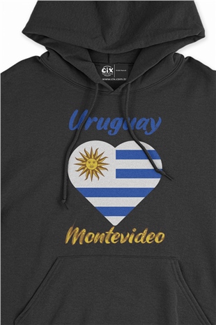 Montevideo Uruguay Bayraklı Kalpli Siyah Sweatshirt Hoodie