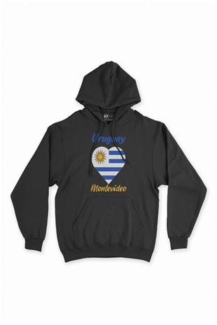 Montevideo Uruguay Bayraklı Kalpli Siyah Sweatshirt Hoodie