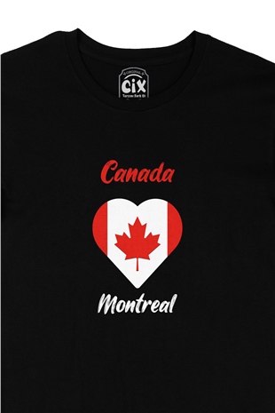 Montreal Canada Bayraklı Kalpli Siyah Tişört