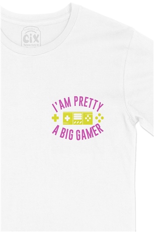 Mor A big Gamer Cep Logo Tasarımlı Beyaz Tişört