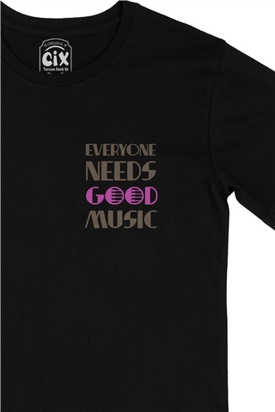 Mor Everyone Needs Good Music Cep Logo Tasarımlı Siyah Tişört