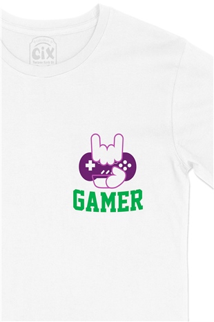 Mor Gamer Hand Cep Logo Tasarımlı Beyaz Tişört