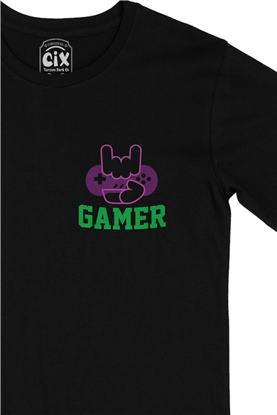 Mor Gamer Hand Cep Logo Tasarımlı Siyah Tişört