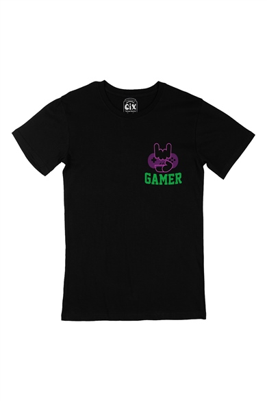 Mor Gamer Hand Cep Logo Tasarımlı Siyah Tişört