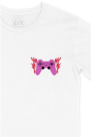 Mor Joystick Cep Logo Tasarımlı Beyaz Tişört