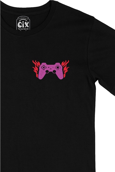 Mor Joystick Cep Logo Tasarımlı Siyah Tişört