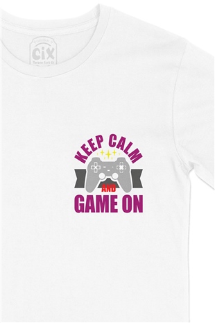 Mor Keep Calm Game On Cep Logo Tasarımlı Beyaz Tişört