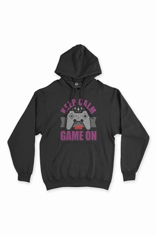 Mor Keep Calm Game On Siyah Kapşonlu Sweatshirt Hoodie