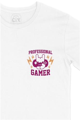 Mor Professional Gamer Cep Logo Tasarımlı Beyaz Tişört