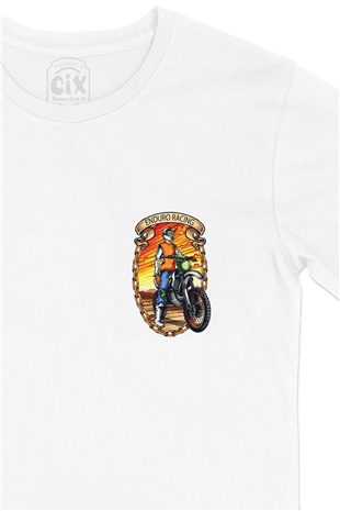 Motor Enduro Racing Cep Logo Tasarımlı Beyaz Tişört