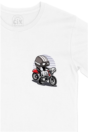 Motorlu Çocuk Cep Logo Tasarımlı Beyaz Tişört