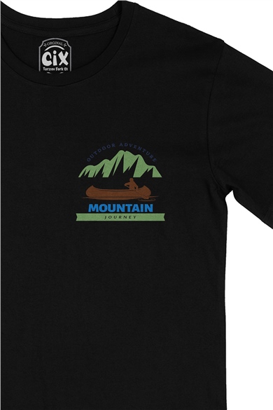 Mountain Journey Cep Logo Tasarımlı Siyah Tişört