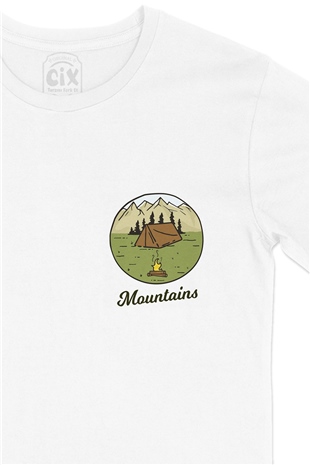 Mountains Cep Logo Tasarımlı Beyaz Tişört