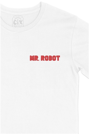 Mr. Robot Cep Logo Tasarımlı Beyaz Tişört