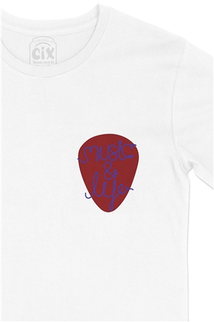 Music And Life Cep Logo Tasarımlı Beyaz Tişört