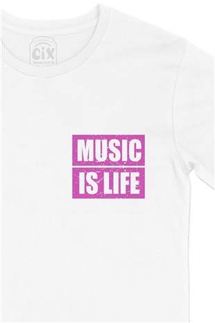 Music Is Life Cep Logo Tasarımlı Beyaz Tişört