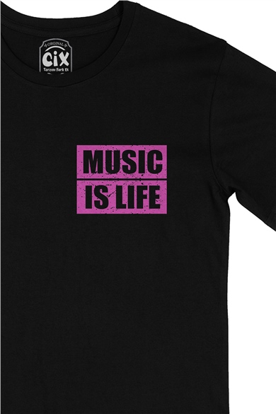 Music Is Life Cep Logo Tasarımlı Siyah Tişört