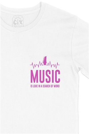 Music Is Love Cep Logo Tasarımlı Beyaz Tişört